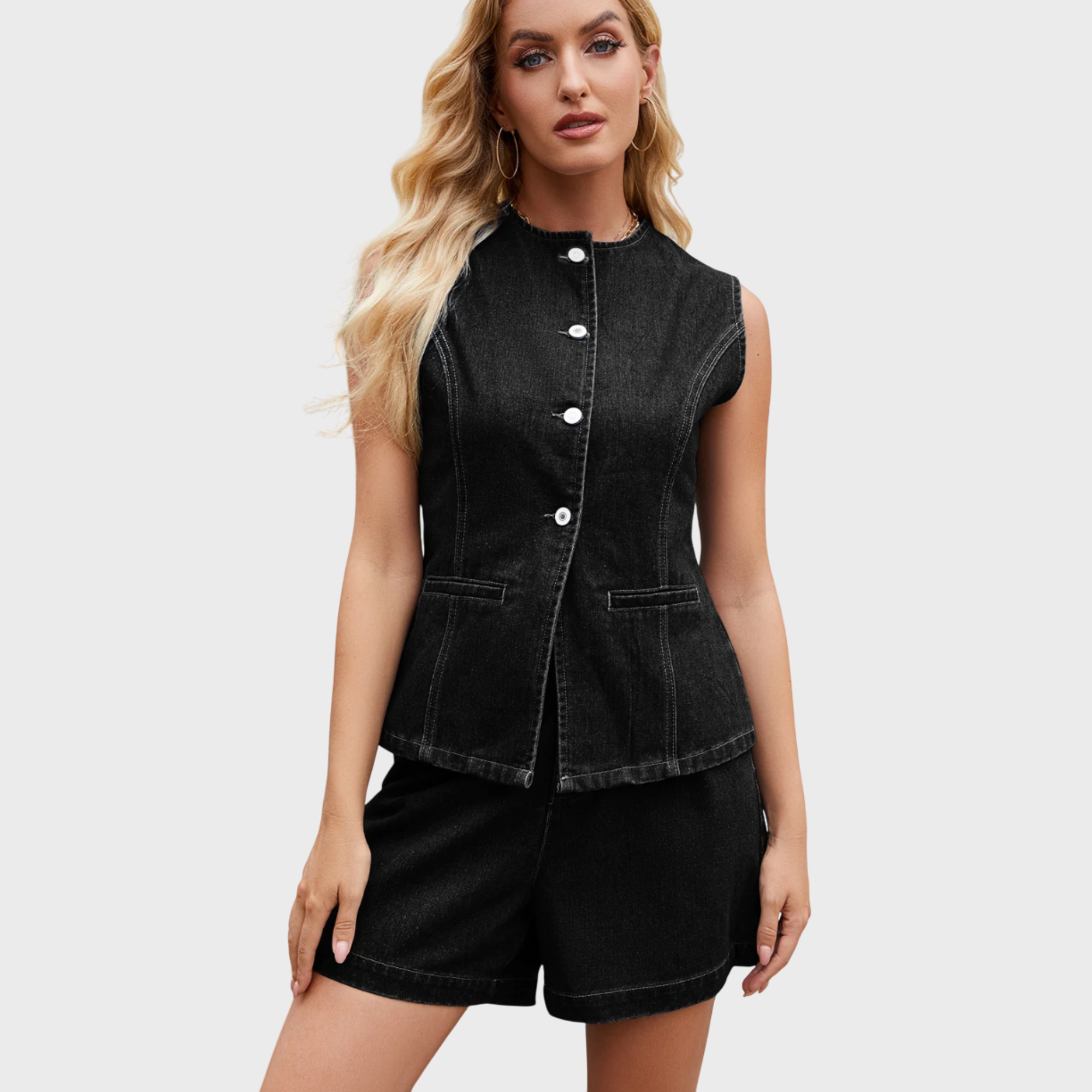 ROSE | Elegant Sleeveless Button-Up Vest and Shorts Set