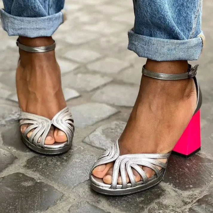 Seraphina™ | Shiny Block Heel Sandals with Elegant Buckle