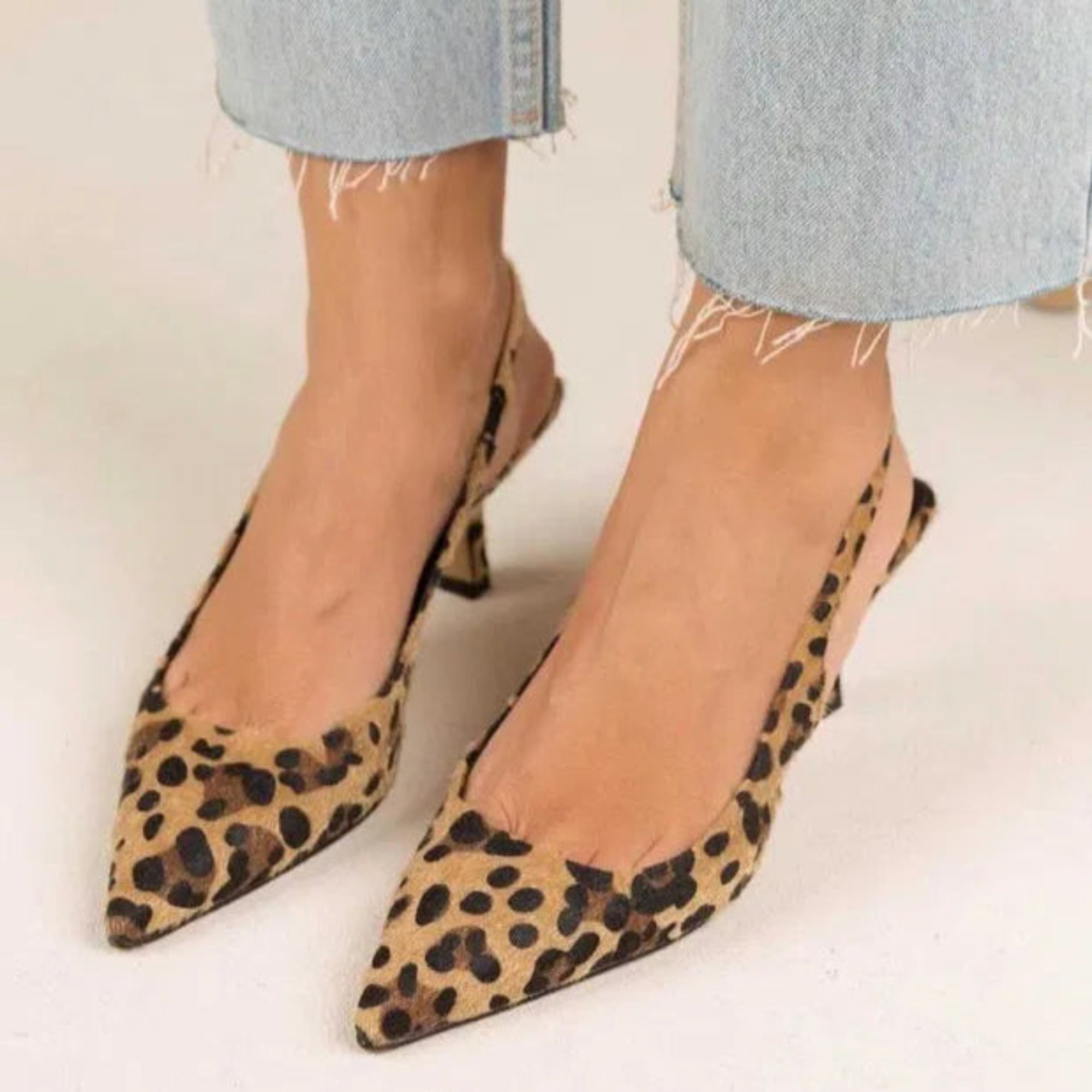 TERESA | Pointed-Toe Leopard Print Slingback Khaki Stilettos